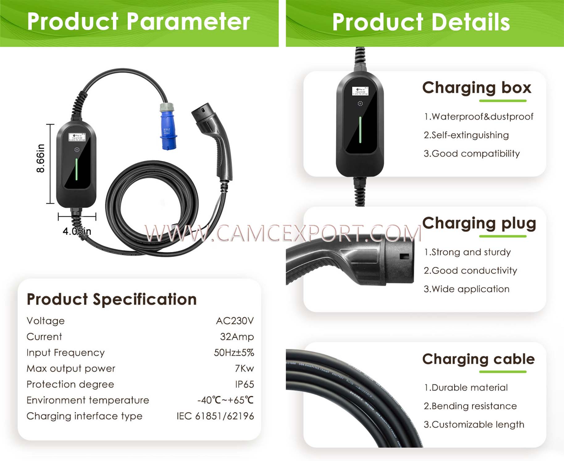 Butiran pengecas kenderaan elektrik mudah alih AC 7kw